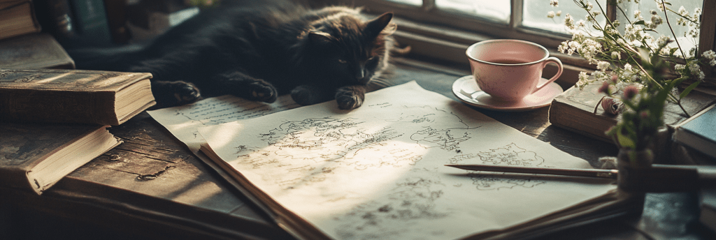A cozy, cluttered writer’s desk bathed in soft light. A black cat lounges across hand-drawn fantasy maps and scattered notes. A pink teacup sits nearby, surrounded by vintage books, wildflowers, and the charming chaos of worldbuilding.