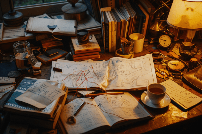 A cluttered writer’s desk filled with open notebooks, fantasy maps marked with red string, scribbled notes, scattered books, and a cup of tea under a warm lamp. The scene evokes cozy chaos and deep worldbuilding focus.