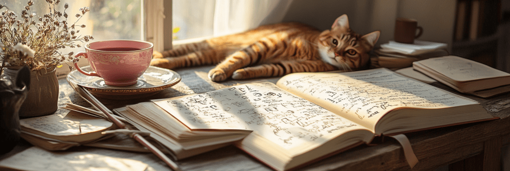 A cozy cottagecore writing desk in warm, natural light. A long orange cat sprawls across open notebooks filled with fictional alphabets and scribbled translations. A tipped pink teacup stains scattered parchment, while quills, ink smudges, and wildflowers complete the scene of whimsical worldbuilding chaos.