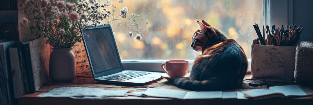 A cozy writer’s desk in warm ambient light. A tortoiseshell cat sits curled atop an open laptop beside a pink teacup, gazing thoughtfully out the window. Scattered notes, wildflowers in a vase, and a container of pens and quills complete the soft, creative chaos.