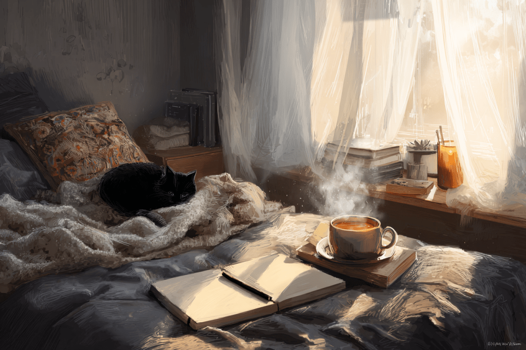 A steaming mug of tea rests beside an open notebook on a soft bed. Sunlight pours through sheer curtains, casting a warm glow across the room. A black cat sleeps on a pile of blankets, evoking quiet comfort and the gentle return to creativity.