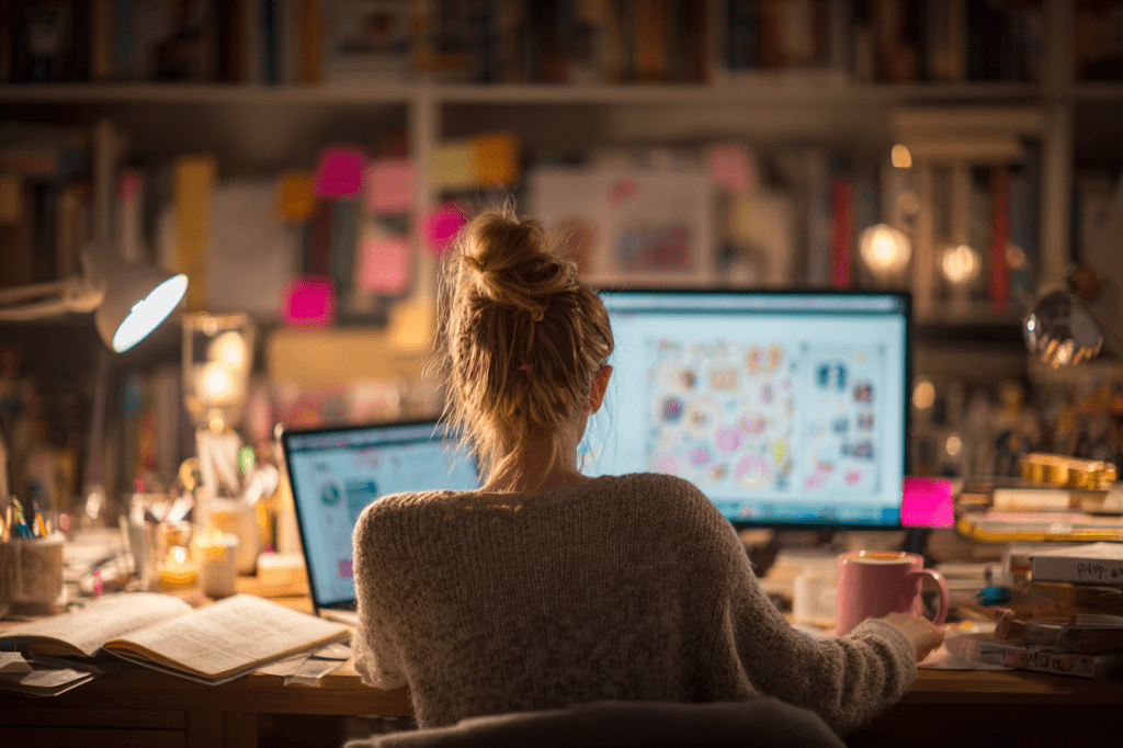 A woman sits at a cluttered desk with two computer monitors, both displaying colorful graphics and social media content. An open journal, mugs, pens, sticky notes, and scattered books surround her. Warm lighting and cozy chaos fill the space, capturing the feeling of deep creative work.