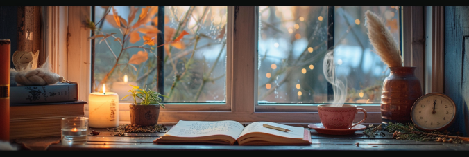 A softly lit writing desk near a window at dusk. An open notebook, a steaming teacup, flickering candles, and scattered greenery sit beneath a backdrop of bokeh lights and bare autumn branches.