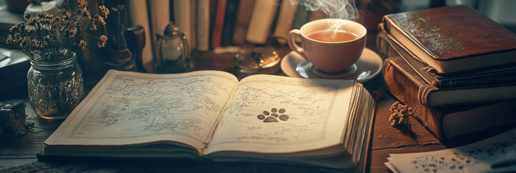 A cozy, softly lit writing desk covered in open fantasy maps, aged notebooks, and a pink teacup steaming gently. A dark pawprint marks one of the map pages, hinting at feline interference in the midst of worldbuilding.