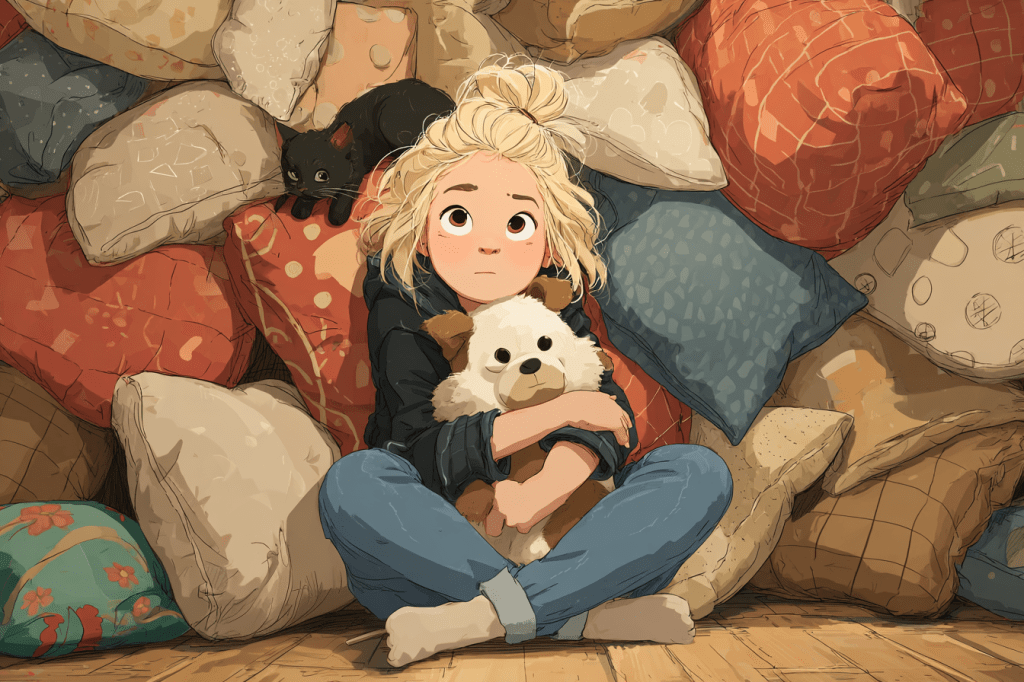 A young blonde girl sits curled up in a large pillow fort, clutching a stuffed dog with a tired, distant expression. A black cat lounges nearby on a pillow. The scene feels cozy but emotionally heavy, suggesting overwhelm and the need for comfort.