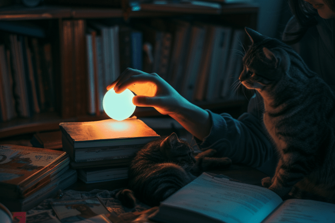 A writer's hand hovers over a softly glowing orb resting on a stack of books. One cat sleeps beside the books while another watches intently from the desk. The scene is dimly lit with a cozy, contemplative atmosphere, evoking creativity and decision-making.