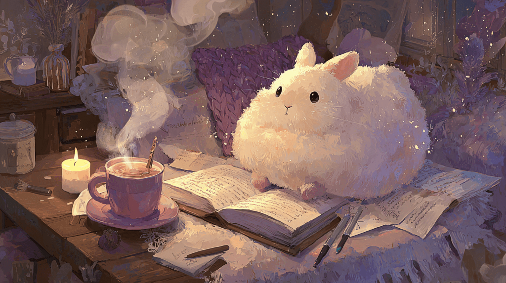 A whimsical illustration of a very plump, fluffy bunny lounging next to an open writer’s notebook and a steaming mug of tea in a cozy cottagecore writing nook. The bunny has oversized ears and a cheeky expression, surrounded by scattered notes, pencils, and warm candlelight.