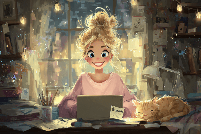 Smiling female writer at her laptop in a cozy, warmly lit room with a sleeping orange cat beside her and a sticky note that says “Be brave.”