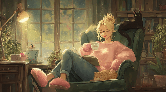 A cozy reading nook at night with a blonde woman in glasses, wearing a pink fuzzy sweater and fluffy slippers, sipping tea while reading in a green armchair. A black cat perches on the chair’s back, and an orange tabby sleeps curled in her lap. The room glows with warm golden light, surrounded by books, plants, and a large window filled with dreamy sparkles.
