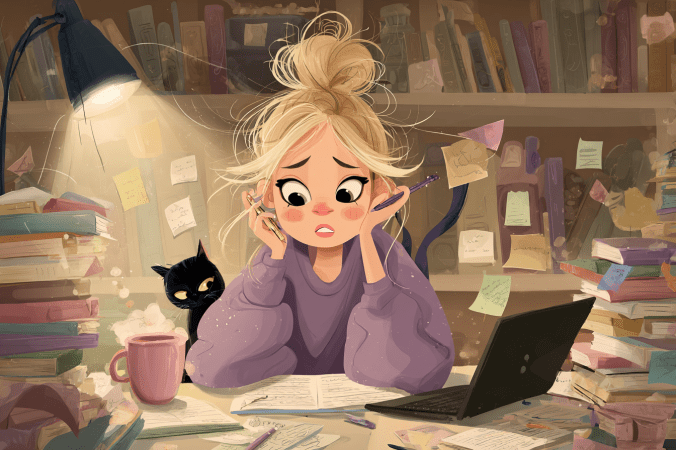 Frazzled blonde author in messy bun multitasking at cluttered desk with laptop, black cat, coffee mug, and scattered notes, looking overwhelmed while working late.
