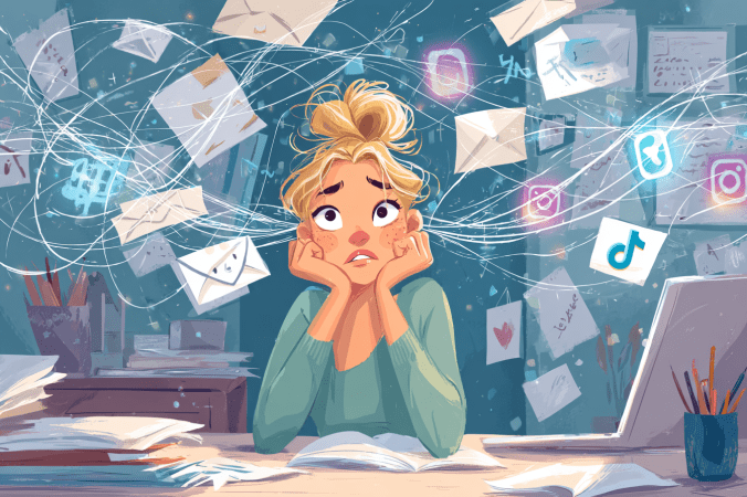 Overwhelmed blonde writer at desk surrounded by flying social media icons, emails, and notifications, symbolizing digital burnout and author marketing pressure.