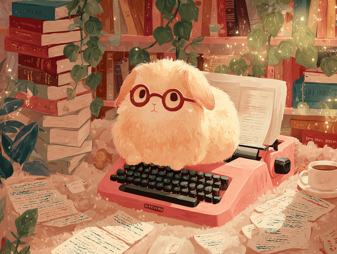 A fluffy white plot bunny with round glasses sits solemnly on a pink vintage typewriter surrounded by scattered manuscript pages, stacks of books, leafy plants, and a cozy cup of coffee. Warm lighting and magical sparkles complete the whimsical writing nook.