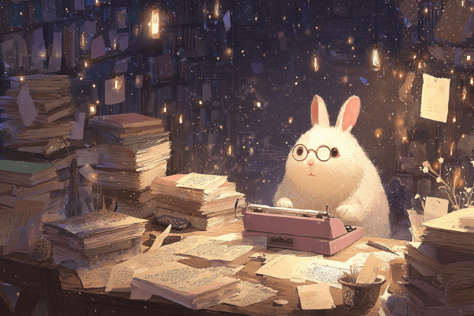 A fluffy white plot bunny wearing round glasses types on a pink vintage typewriter at a cluttered writing desk, surrounded by glowing lanterns and piles of story drafts.