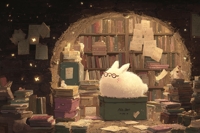 A fluffy white plot bunny with glasses sits contentedly on a box in a cozy underground library vault, surrounded by stacks of books and scattered pages glowing softly.