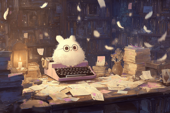 A fluffy white bunny with round glasses sits on top of a pink vintage typewriter. The desk is cluttered with handwritten pages and stacks of books, surrounded by soft candlelight and floating feathers in a cozy, whimsical library setting.