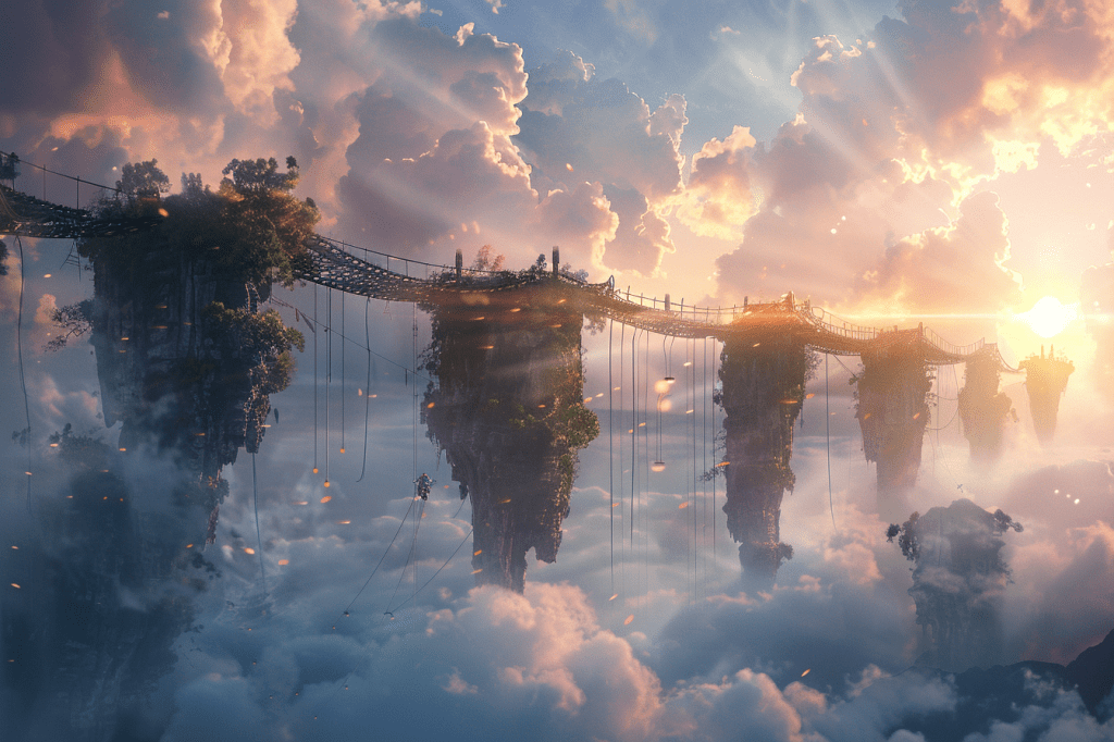 Floating stone islands connected by rope bridges hang suspended in a glowing sky above the clouds, evoking a sense of magic, distance, and longing.