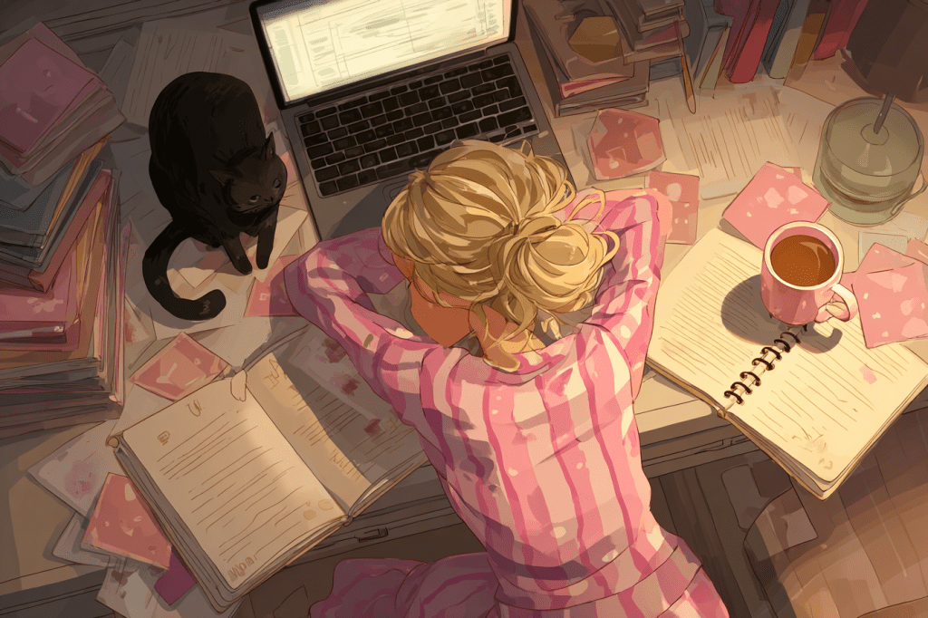 Blonde woman in pink striped pajamas asleep at a cluttered writing desk, head resting on folded arms beside a black cat, open books, a laptop, and a pink coffee mug
