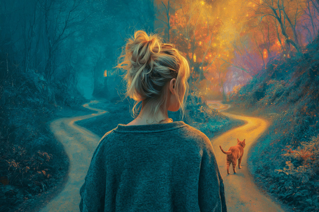 A woman with messy blonde hair stands at a fork in a forest path. One side is dark and shadowy, the other glows with warm magical light. A ginger cat walks ahead toward the glowing path.