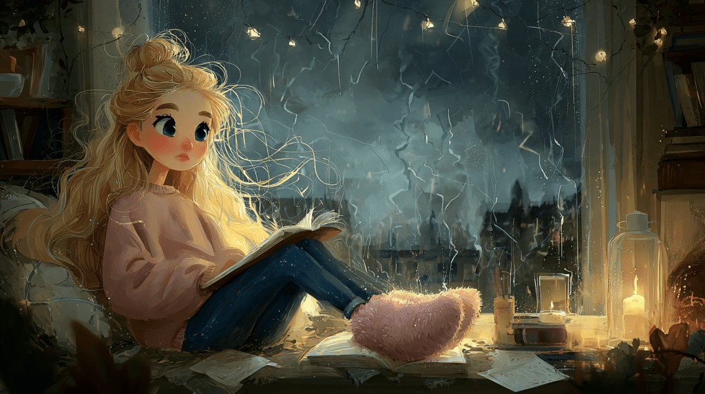 Storybook-style illustration of a girl with long blonde hair sitting by a rain-streaked window, reading a book. She wears a cozy pink sweater and fuzzy slippers, with scattered pages and a glowing candle nearby. A thunderstorm rages outside.