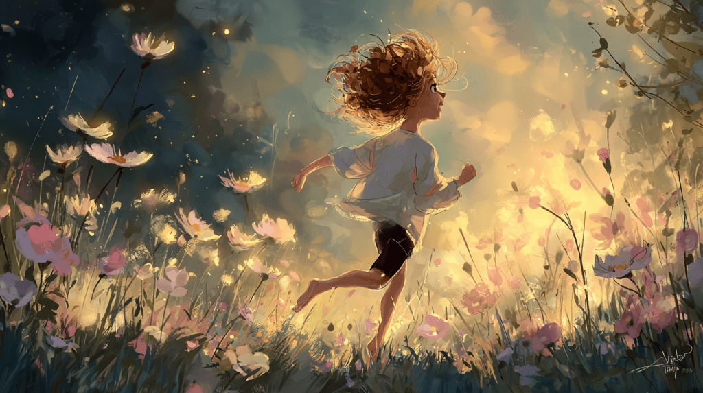 Storybook-style illustration of a joyful young girl running barefoot through a sunlit meadow filled with wildflowers. Warm golden light surrounds her, with glowing petals and firefly-like sparkles in the air. The scene radiates freedom and happiness.