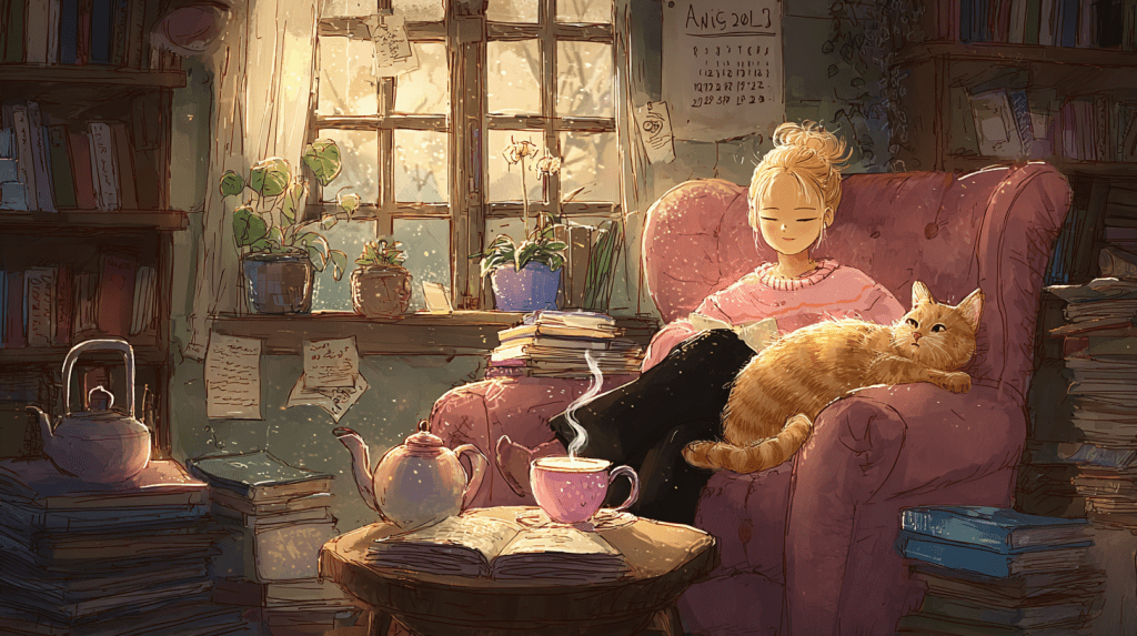 Storybook-style illustration of a cozy reading nook in August, featuring a woman reading with a cat on her lap, surrounded by stacked books, teapots, houseplants, and a calendar marked August 2025.