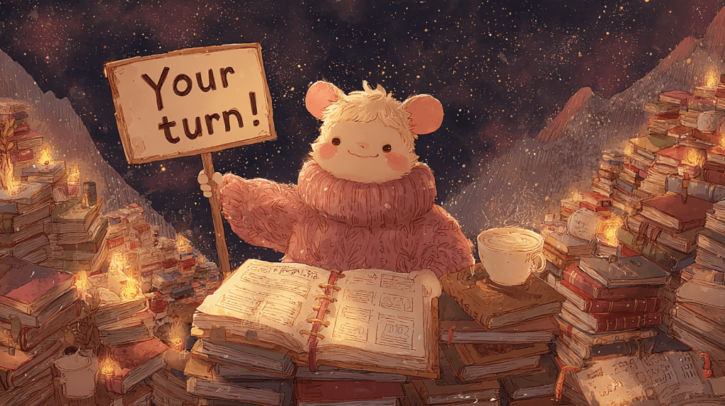 Storybook-style illustration of a cozy gremlin-like character in a pink sweater sitting among towers of books, holding a “Your turn!” sign with a mug of tea and an open notebook under a starry sky—inviting reader interaction.