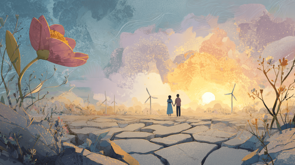 Storybook-style illustration of a cracked desert landscape with wildflowers growing through the earth, wind turbines in the distance, and two characters holding hands at sunrise—symbolizing hope in a climate fiction setting.