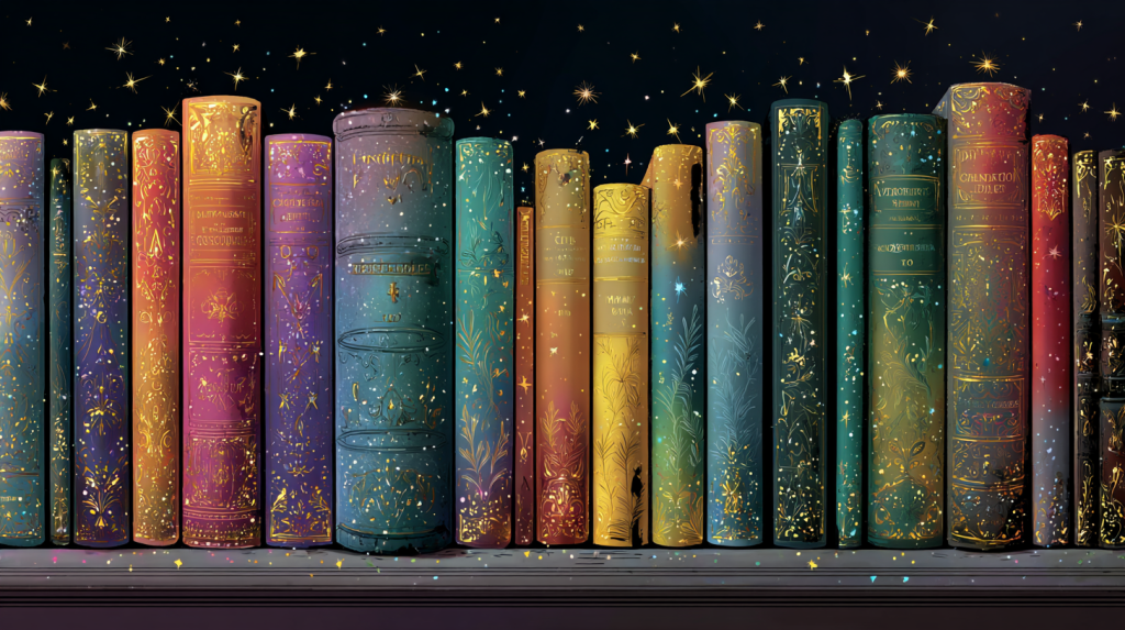 Storybook-style illustration of a shelf filled with colorful collector edition books featuring gold foil embossing, sprayed edges, and twinkling stars—highlighting the aesthetic trend of beautifully designed books.