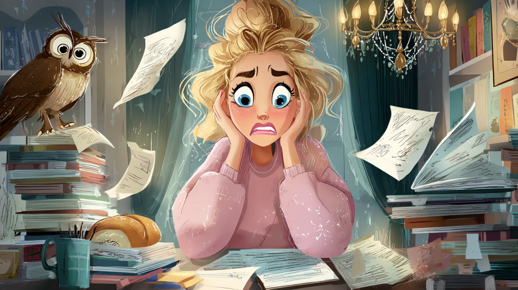 A flustered writer sits at a cluttered desk with wild eyes, surrounded by flying paper, a loaf of bread, a taxidermy owl, and a broken chandelier.