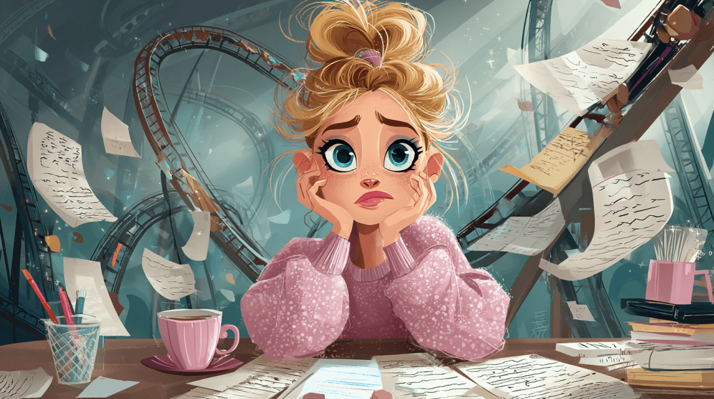 Whimsical storybook illustration of a frustrated blonde writer sitting at a desk surrounded by flying manuscript pages, with a rollercoaster twisting behind her.