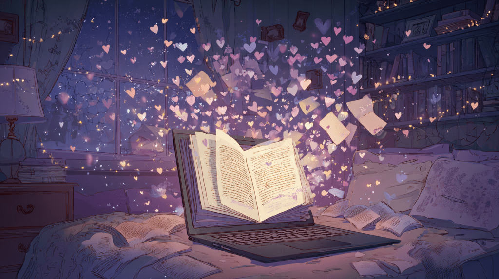 Storybook-style illustration of a glowing laptop on a cozy bed, transforming into a magical open book with floating hearts and pages, surrounded by fairy lights and shelves of books, symbolizing the journey from fanfic to published novel.