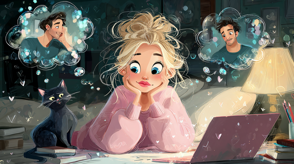 Storybook-style image of a dreamy blonde writer gazing at her laptop with sparkly thought bubbles of two attractive men, a smug black cat by her side.