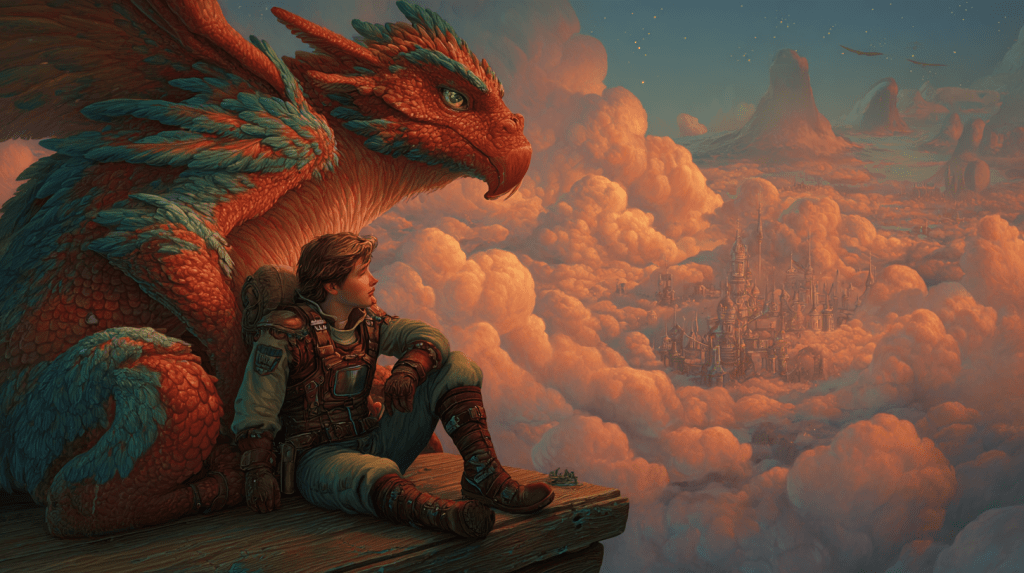 Illustration of a young Wind Rider in flight gear sitting on a wooden mooring platform beside a large, red and teal-feathered creature. They overlook a vast sky filled with pink-orange clouds and floating spired structures, under a twilight sky dotted with stars.