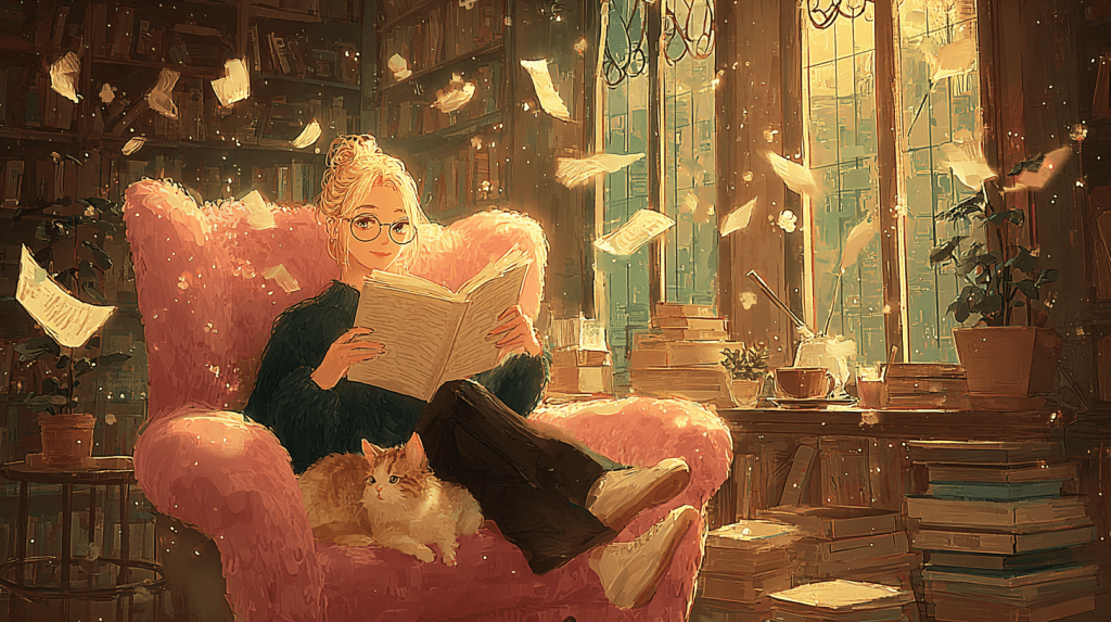 Storybook-style illustration of a woman with glasses reading in a pink chair, surrounded by flying book pages, sunlight streaming through tall windows, stacks of books, and a fluffy cat—evoking the thoughtful, immersive mood of literary fiction.