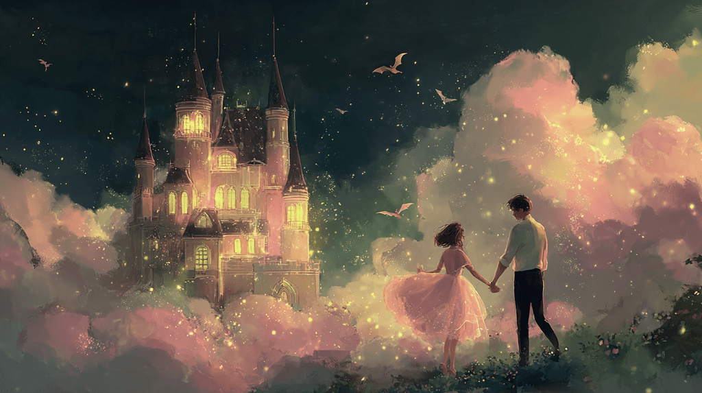 Storybook-style illustration of a glowing fantasy castle in the clouds with a couple holding hands in the foreground, surrounded by pink mist, sparkles, and flying dragons, romantic fantasy aesthetic.