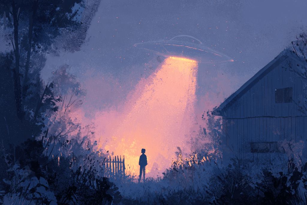 A storybook-style illustration of a person standing near a wooden fence, illuminated by the beam of a hovering UFO at twilight. A barn and overgrown grass surround the scene, evoking a classic alien encounter vibe.