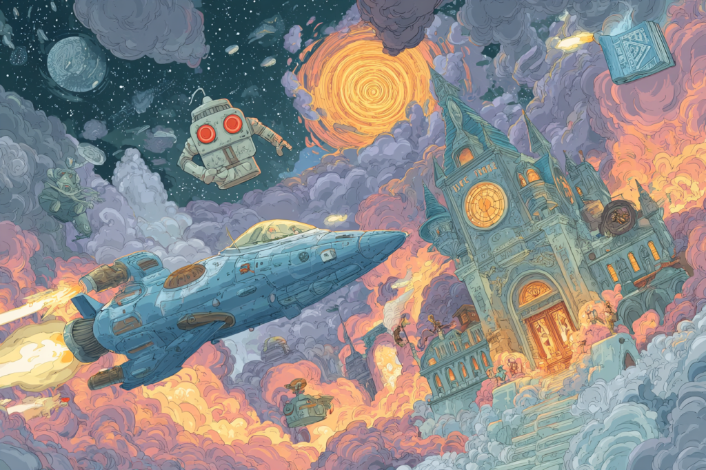 A whimsical, storybook-style sci-fi scene with spaceships flying through a colorful sky, robots floating in zero gravity, and a fantastical building resembling a cosmic library exploding with energy.