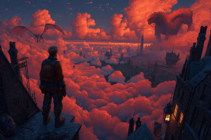 A dramatic storybook-style illustration of a Wind Rider standing on a rooftop at dusk, overlooking a sky filled with glowing red-orange storm clouds. A massive cloud-beast looms over a distant city below, while a dragon-like creature glides nearby. The mood is tense, otherworldly, and full of looming danger.