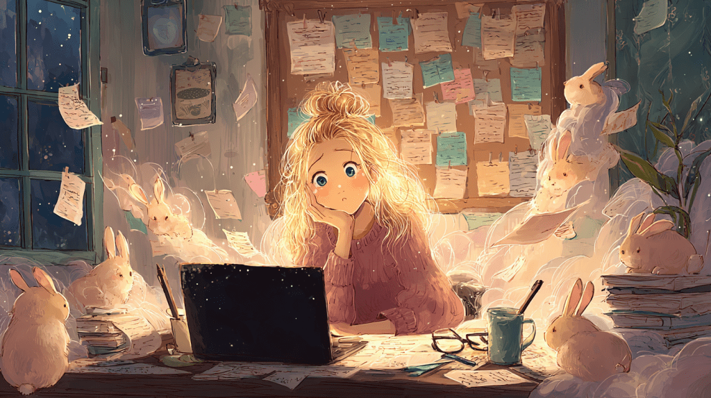 A tired-looking writer in a pink sweater stares blankly at her laptop, surrounded by glowing, fluffy bunnies that float around a cluttered writing desk. Notes and papers swirl through the air as more sticky notes cover the corkboard behind her.