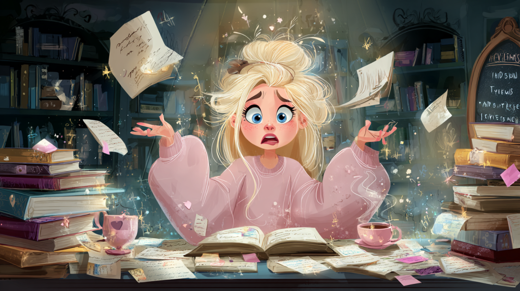 Storybook-style illustration of an overwhelmed blonde writer surrounded by floating manuscript pages, stacks of books, glowing post-it notes, and teacups, with a chalkboard reading “MSWL” in the background, capturing the chaos of preparing queries.