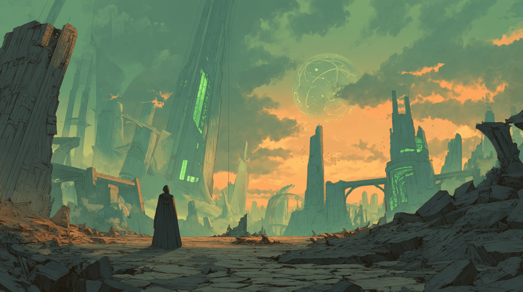 Storybook-style illustration of a cloaked figure standing in the ruins of a futuristic, collapsing city at sunset, with glowing green tech and a mysterious orb in the sky—capturing the emotional and intellectual tone of future-forward science fiction.
