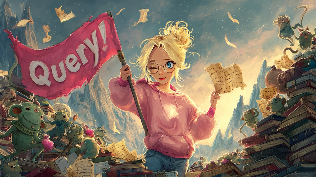 Storybook-style illustration of a smiling writer in a pink hoodie holding a “Query!” flag, surrounded by cheerful gremlin-like creatures climbing stacks of books and flinging manuscript pages into the air—symbolizing encouragement and querying chaos.