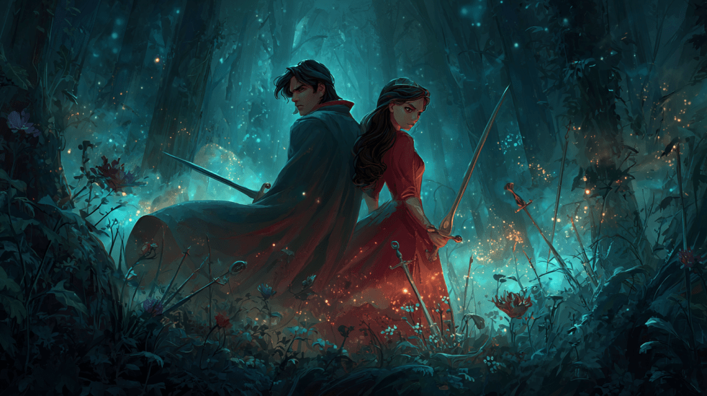 Storybook-style illustration of a brooding sorcerer and a fierce woman standing back-to-back in a glowing enchanted forest, both holding swords, surrounded by magical light and blooming flowers—capturing the romantic tension and fantasy drama of the romantasy genre.